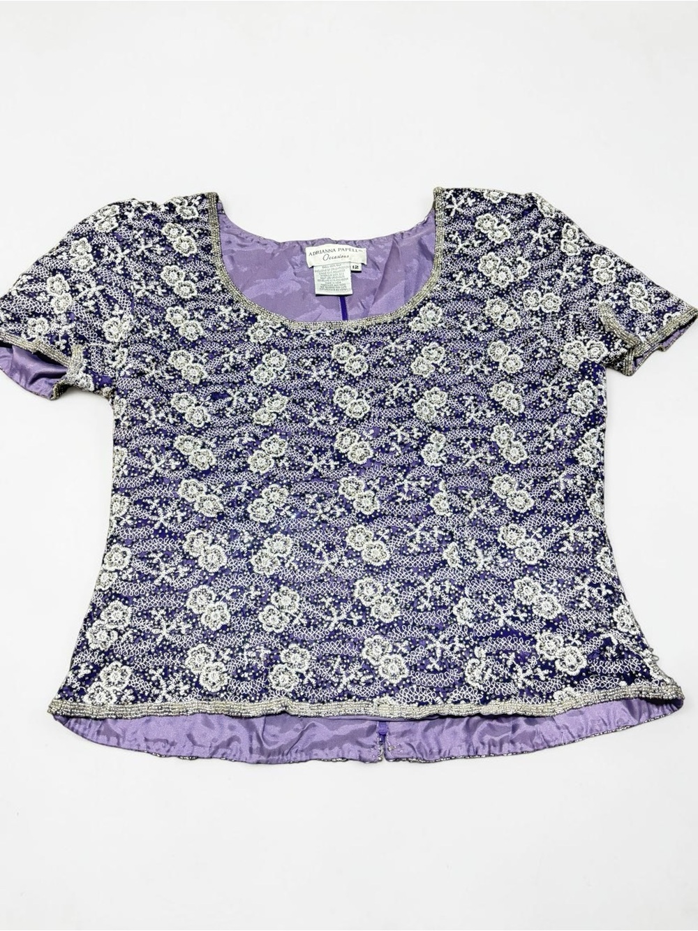 Vintage Adrianna Papell Silk Beaded Sequin Top Purple 90s Evening Glam Size 12